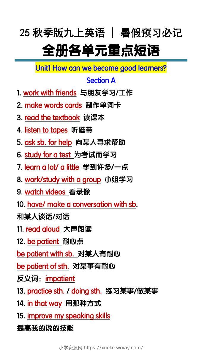 【2025秋新版】九上英语暑假预习必记：全册各单元重点短语-六八学科资料网