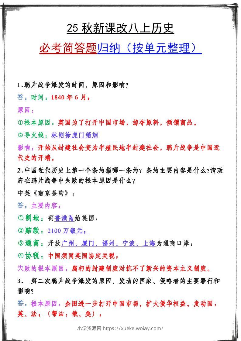 【2025秋新版】八上历史期末复习必备资料-六八学科资料网