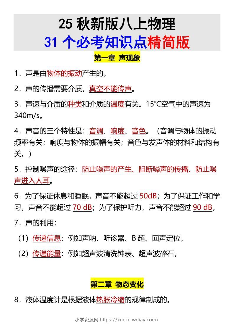 【2025秋新版】八上物理31个必考知识点精简版-六八学科资料网