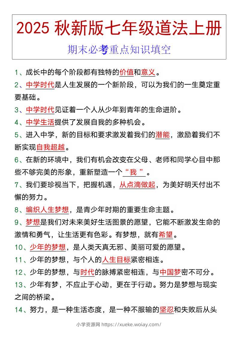 七年级道法上册期末必考重点知识填空-六八学科资料网