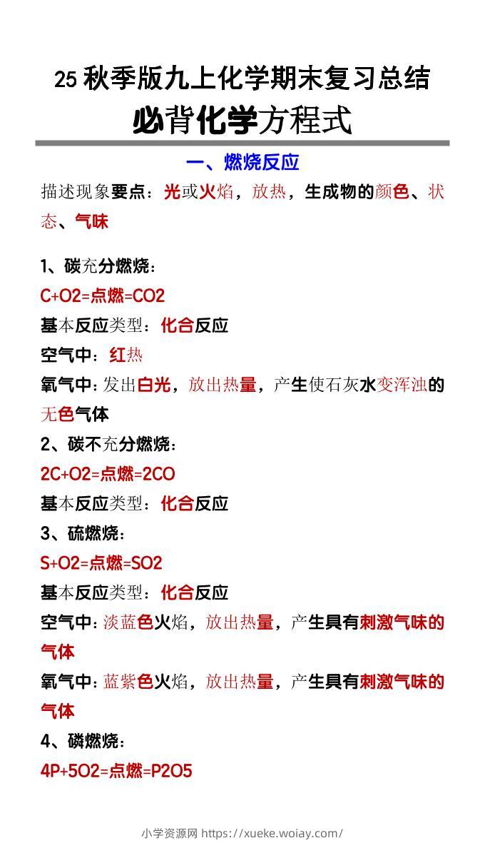 【2025秋新版】九上化学必背化学方程式-六八学科资料网