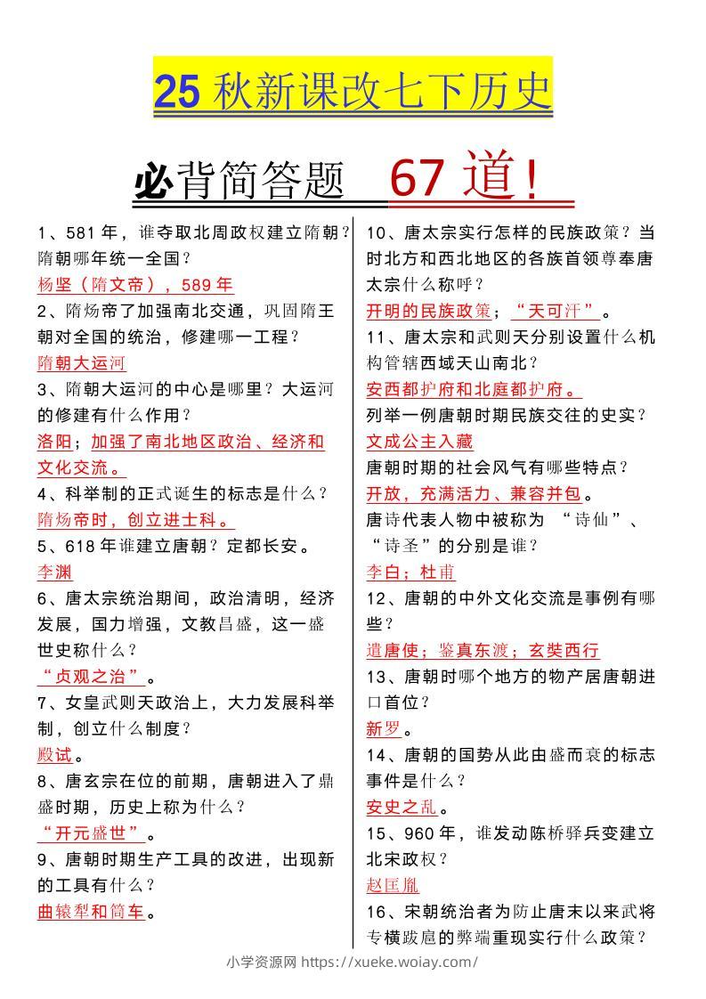 【2025秋新版】七年级下册历史必背简答题67道-六八学科资料网