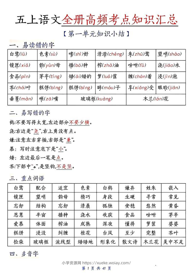 五上语文期中高频考点-六八学科资料网