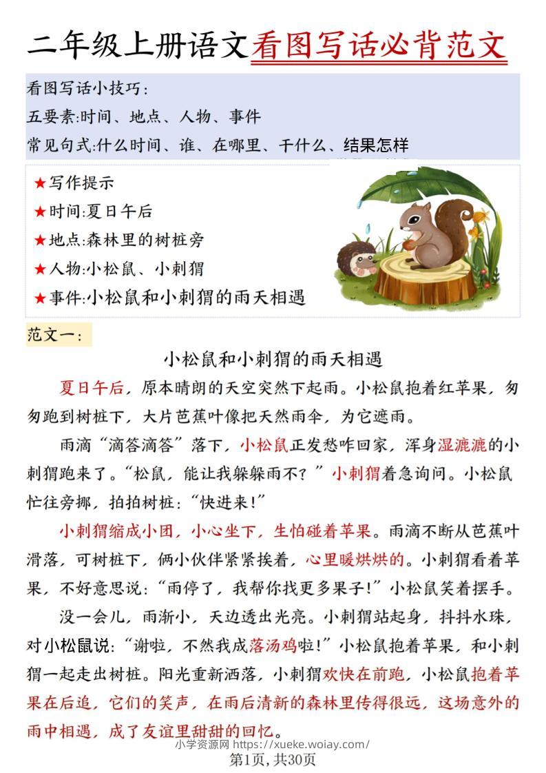 二上语文看图写话必背范文30篇30页-六八学科资料网