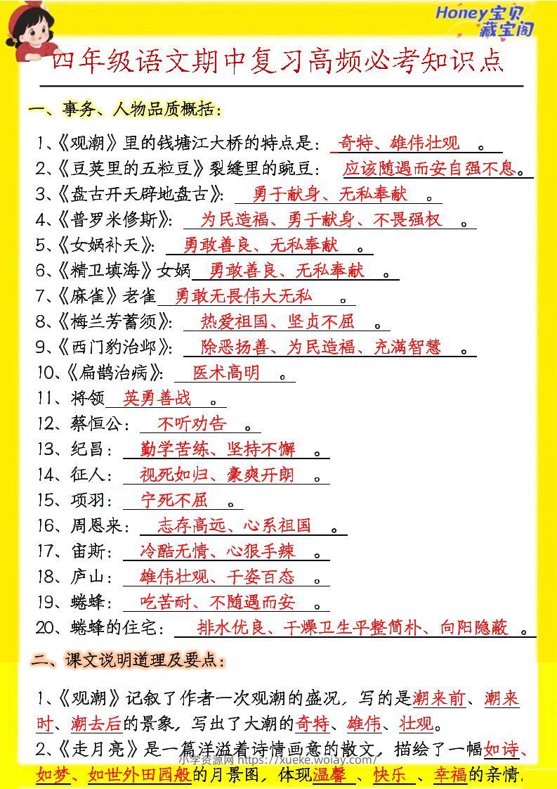 四上语文期中高频考点-六八学科资料网