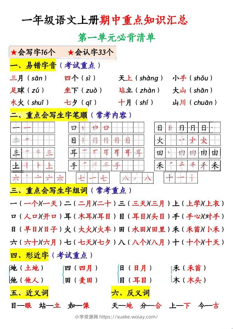 一上语文期中高频考点-六八学科资料网