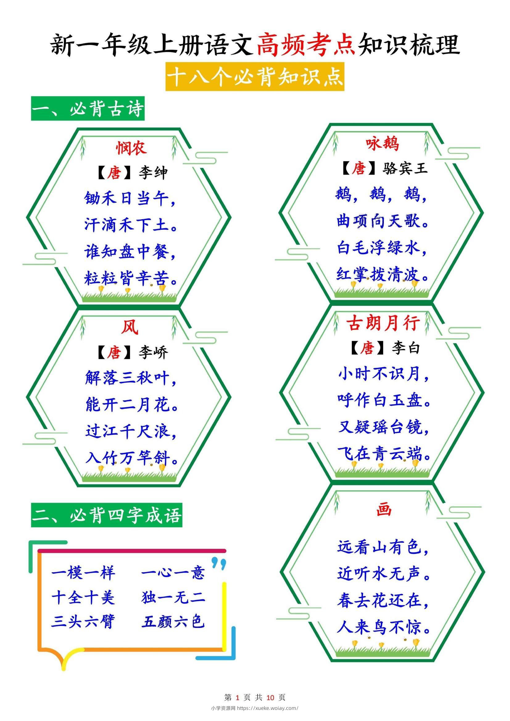 新一上语文高频考点知识梳理（十八个必背知识点）10页-六八学科资料网