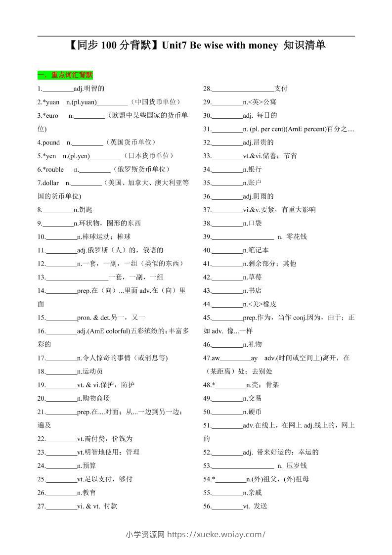 七年级上英语Unit7知识清单背默-六八学科资料网