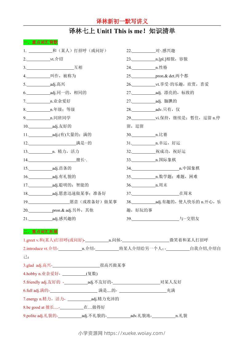 七年级上英语Unit1知识清单背默-六八学科资料网