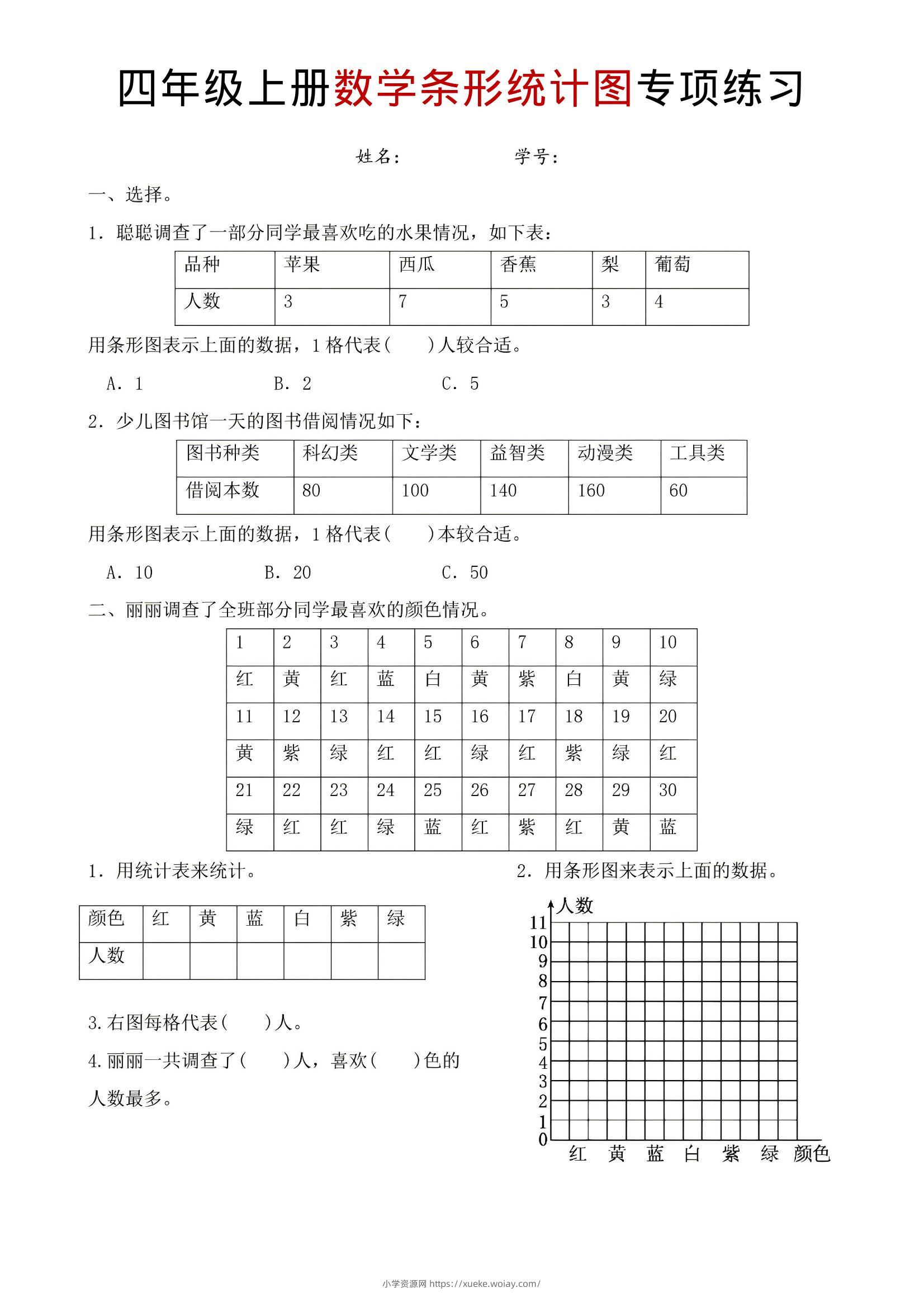 四年级上数学条形统计图专项练习-六八学科资料网