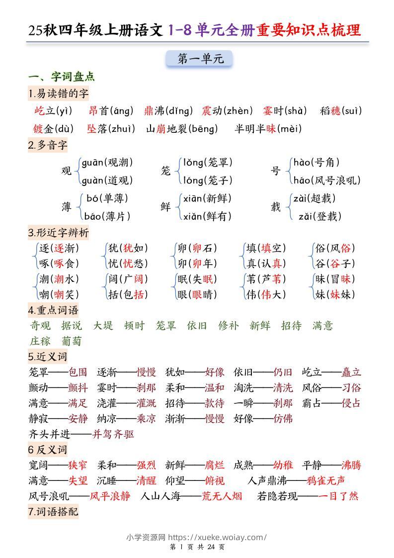 25秋四上语文1-8单元全册重要知识点梳理（24页）-六八学科资料网