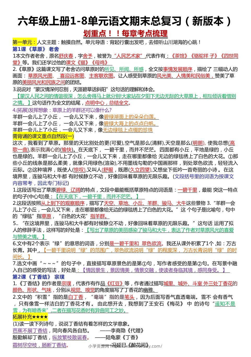六年级上册1-8单元语文期末总复习（23页-六八学科资料网
