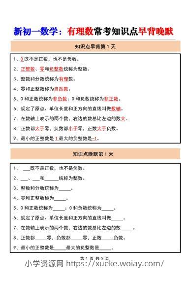 七年级上数学有理数常考知识点早背晚默（人教版）-六八学科资料网