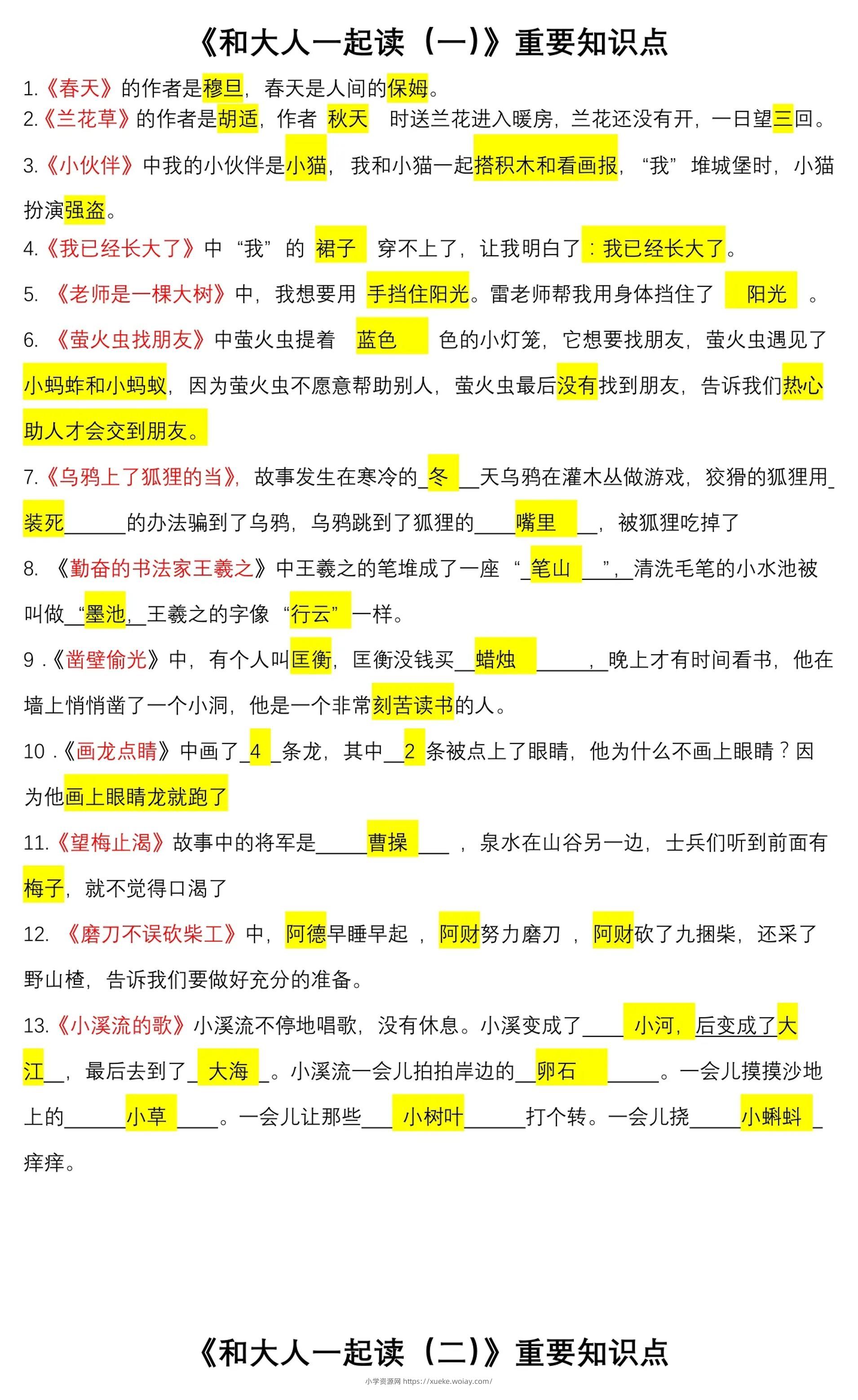 一上语文《快乐读书吧》常考知识点-六八学科资料网