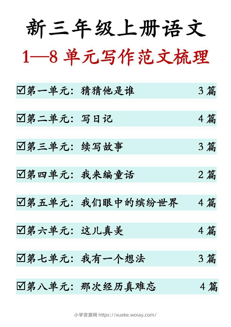 新三上语文1-8单元同步作文范文（27页）-六八学科资料网
