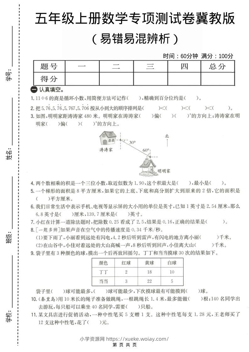 五年级上数学易错易混辩护专项测试卷《冀教版》-六八学科资料网