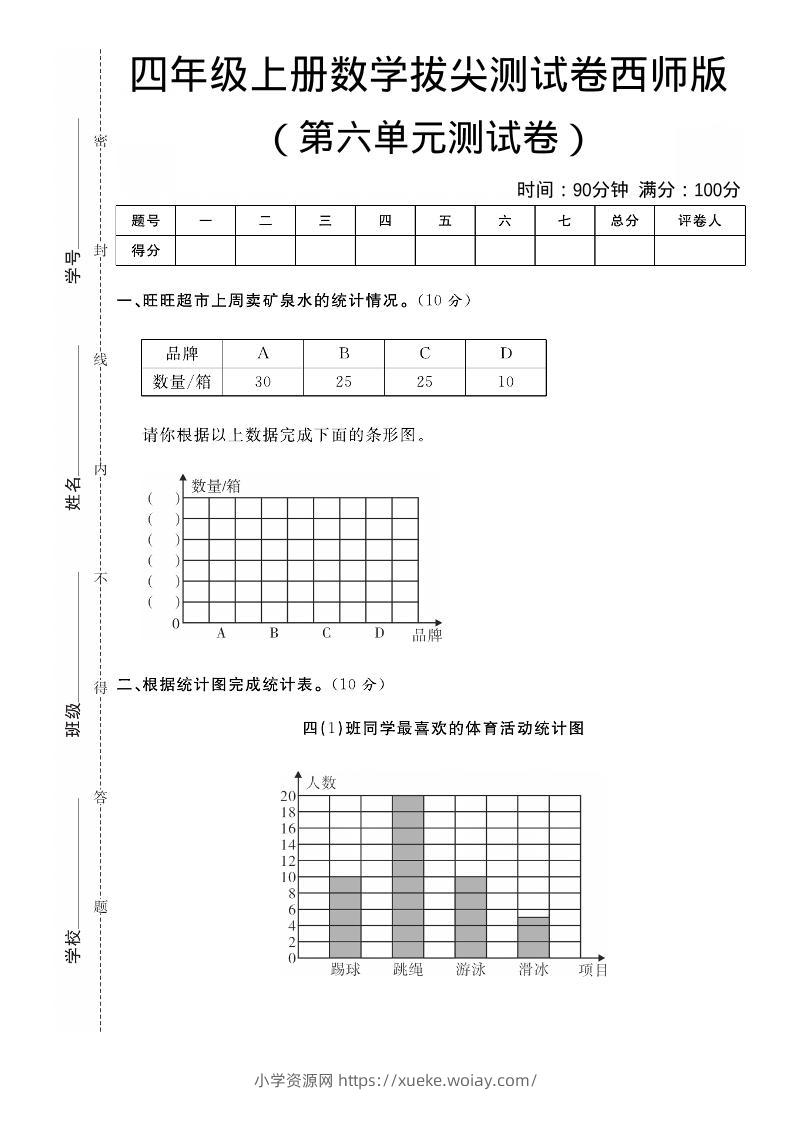四年级上数学第六单元拔尖测试卷《西师版》-六八学科资料网