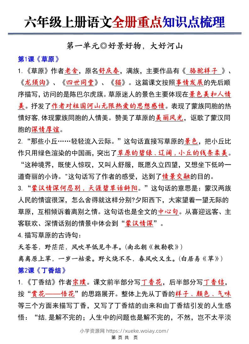 六上语文【25秋-全册重点知识点梳理（空白+答案）】-六八学科资料网