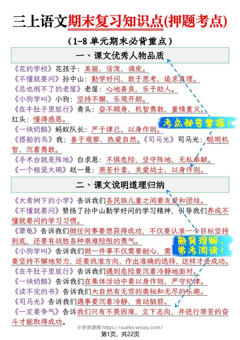 三年级上语文期末复习知识点(押题考点)-六八学科资料网