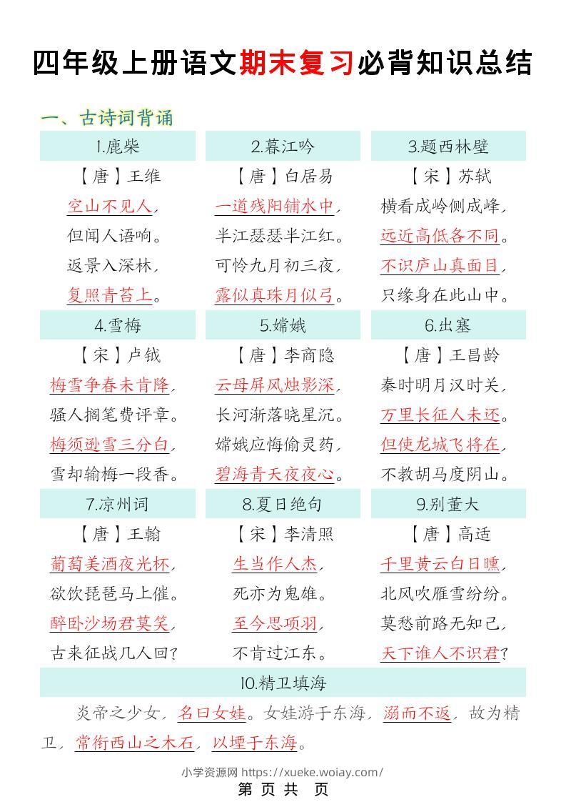 四年级上语文期末复习必背知识总结-六八学科资料网