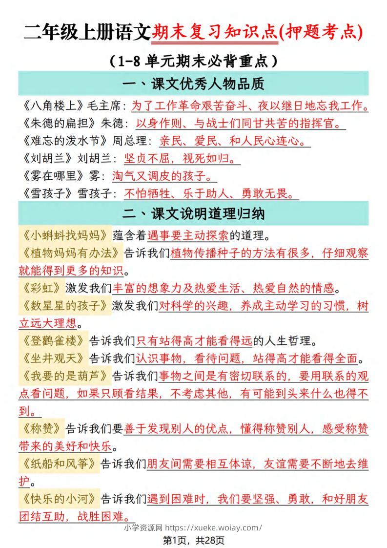 二年级上语文期末复习知识点(押题考点)-六八学科资料网