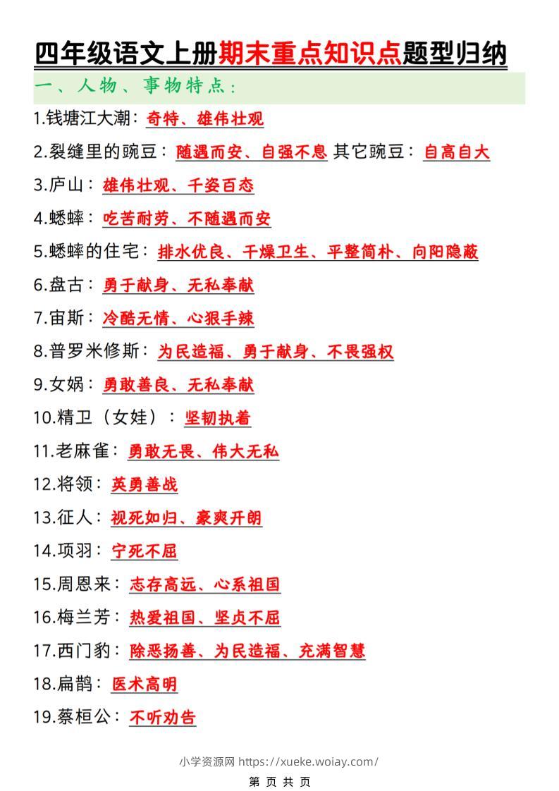 四年级上语文期末重点知识点题型归纳-六八学科资料网