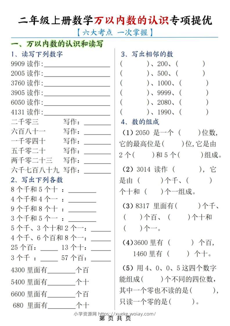 二年级上数学万以内数的认识专项提优-六八学科资料网