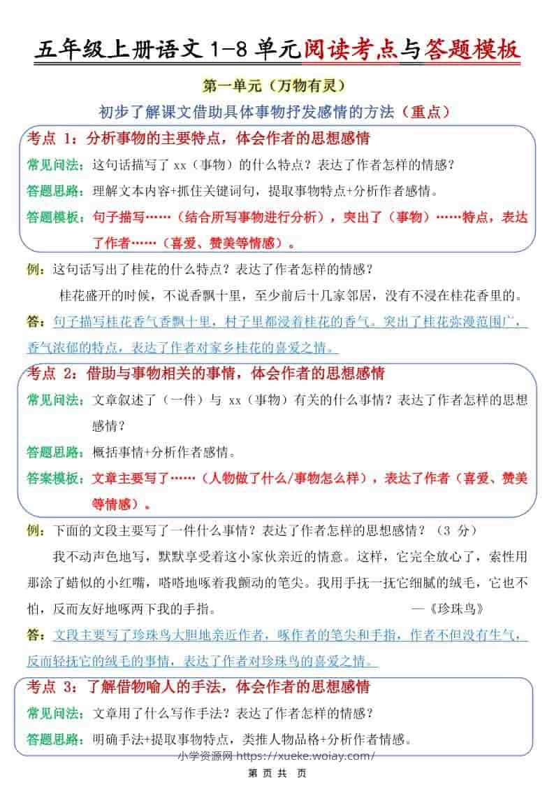 五年级上语文1-8单元阅读考点与答题模板-六八学科资料网