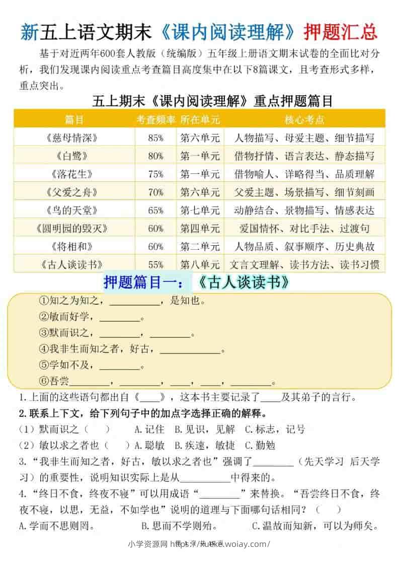新五上语文期末《课内阅读理解》押题汇总-六八学科资料网