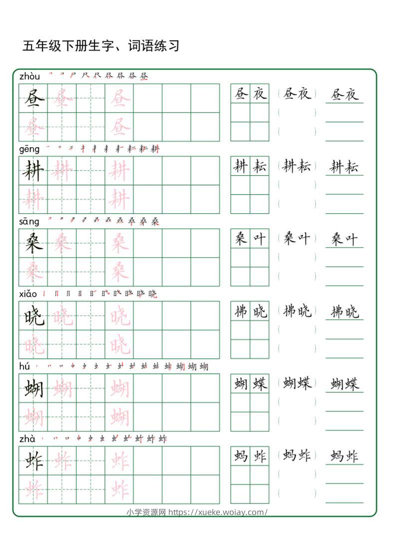 五年级下册语文生字词语练字（秋版）-六八学科资料网