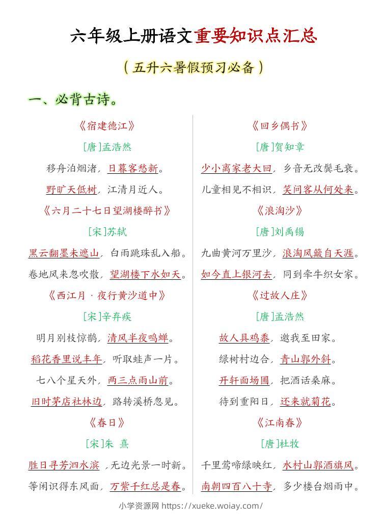 六年级上语文重要知识点汇总-六八学科资料网