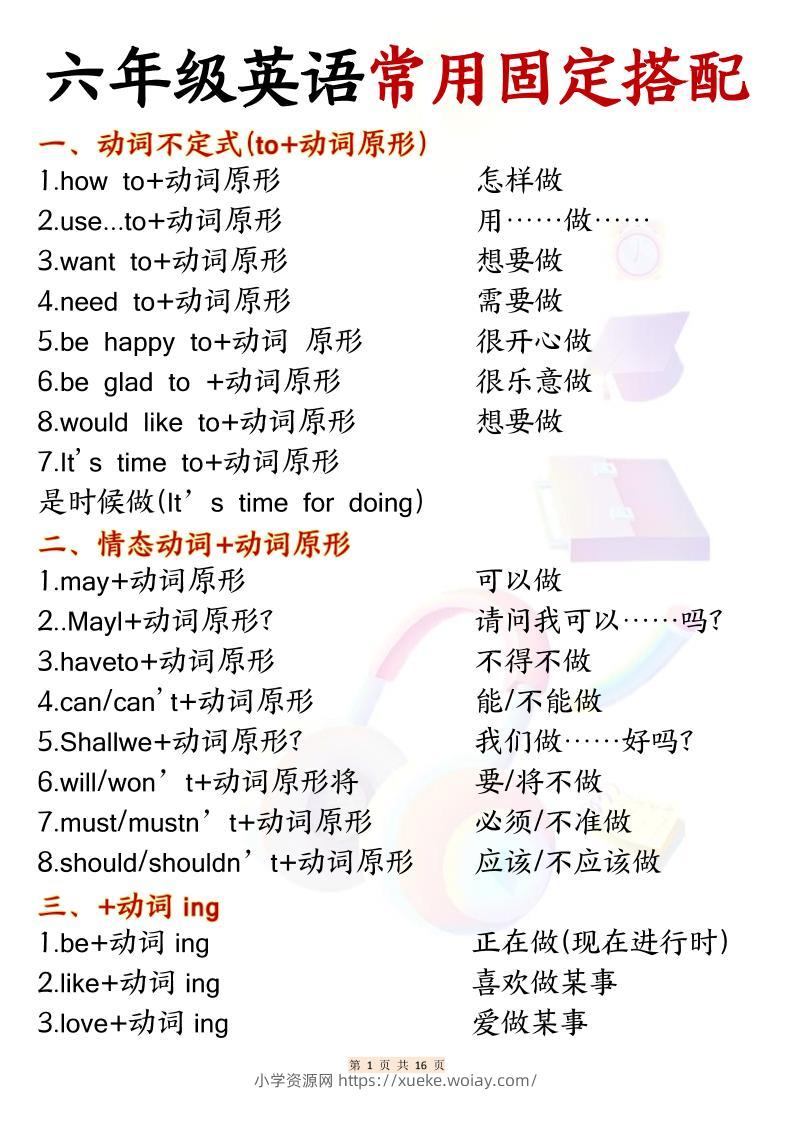 六年级上英语常用固定搭配-六八学科资料网