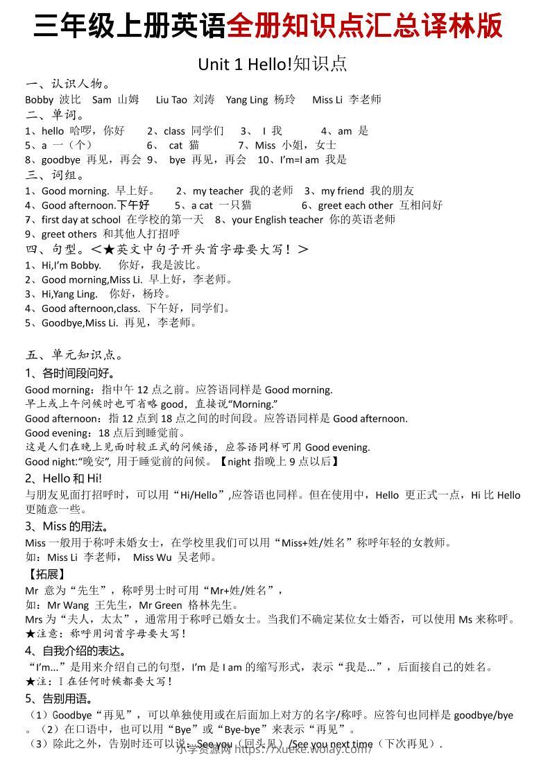 三年级上英语知识点汇总《译林版》-六八学科资料网