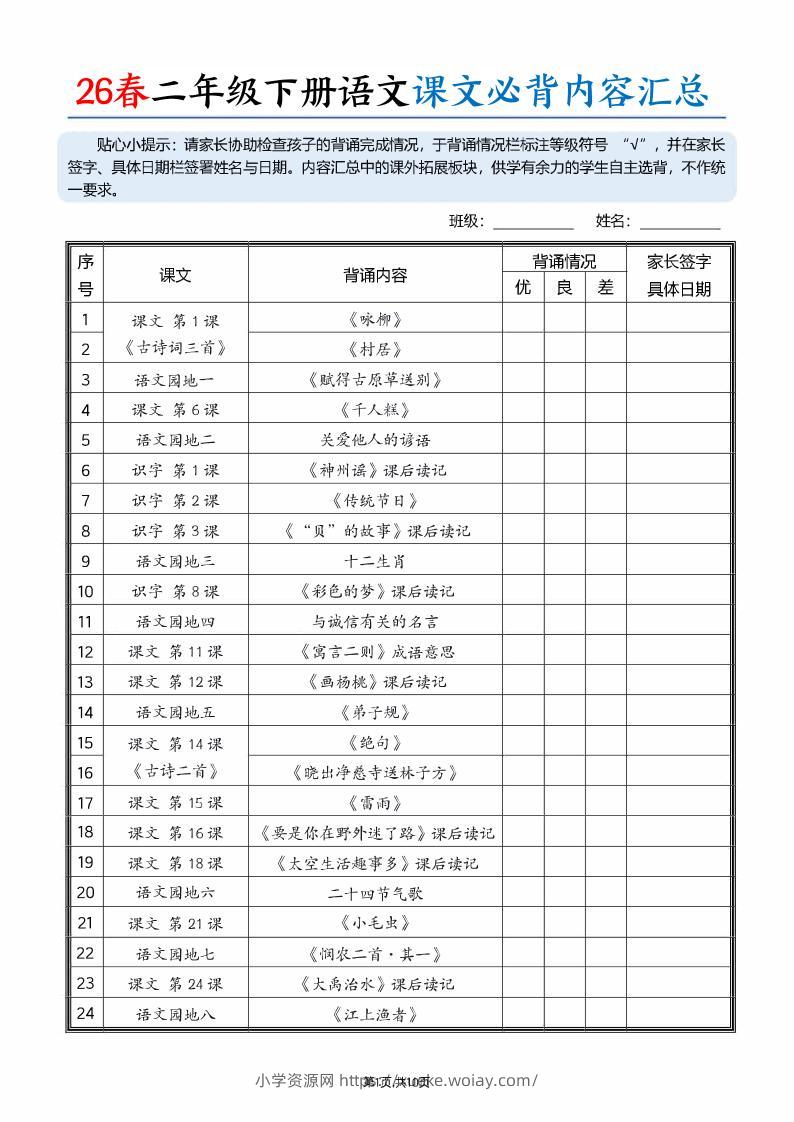 26春二下语文课文必背内容汇总（10页）-六八学科资料网