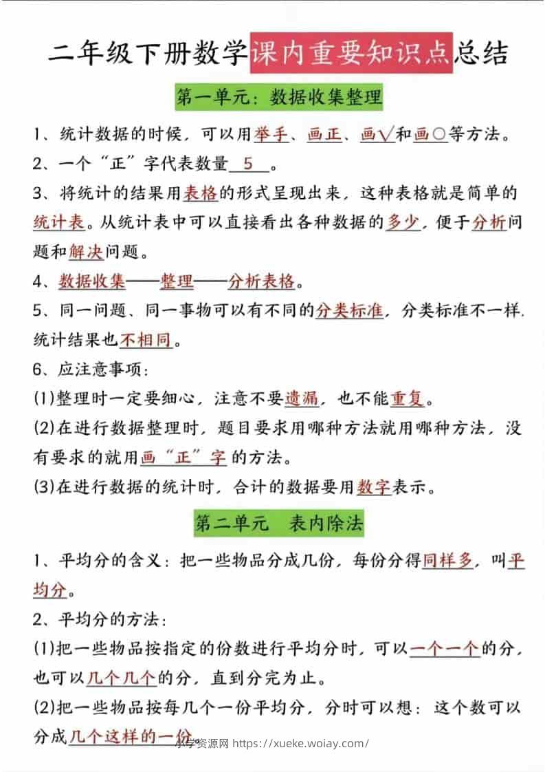 二年级下数学课内知识点总结-六八学科资料网