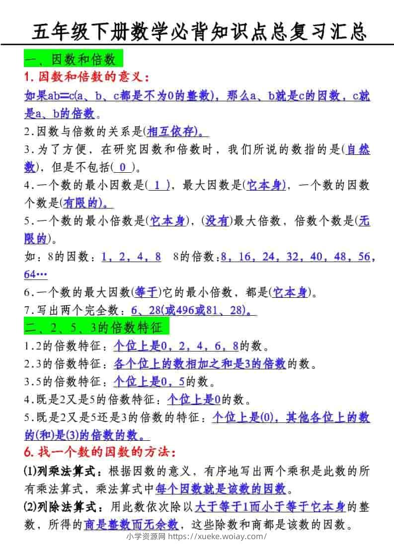 五年级下数学必背知识点总复习汇总-六八学科资料网