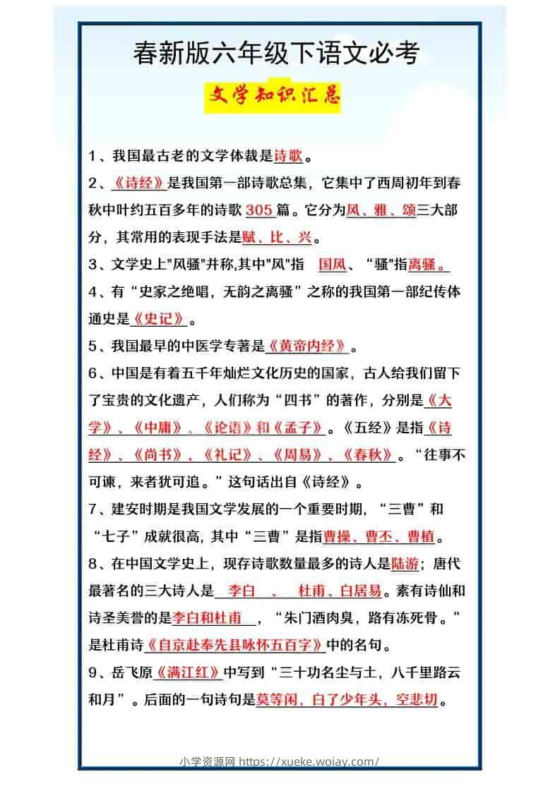 六年级下语文必考文学知识汇总-六八学科资料网