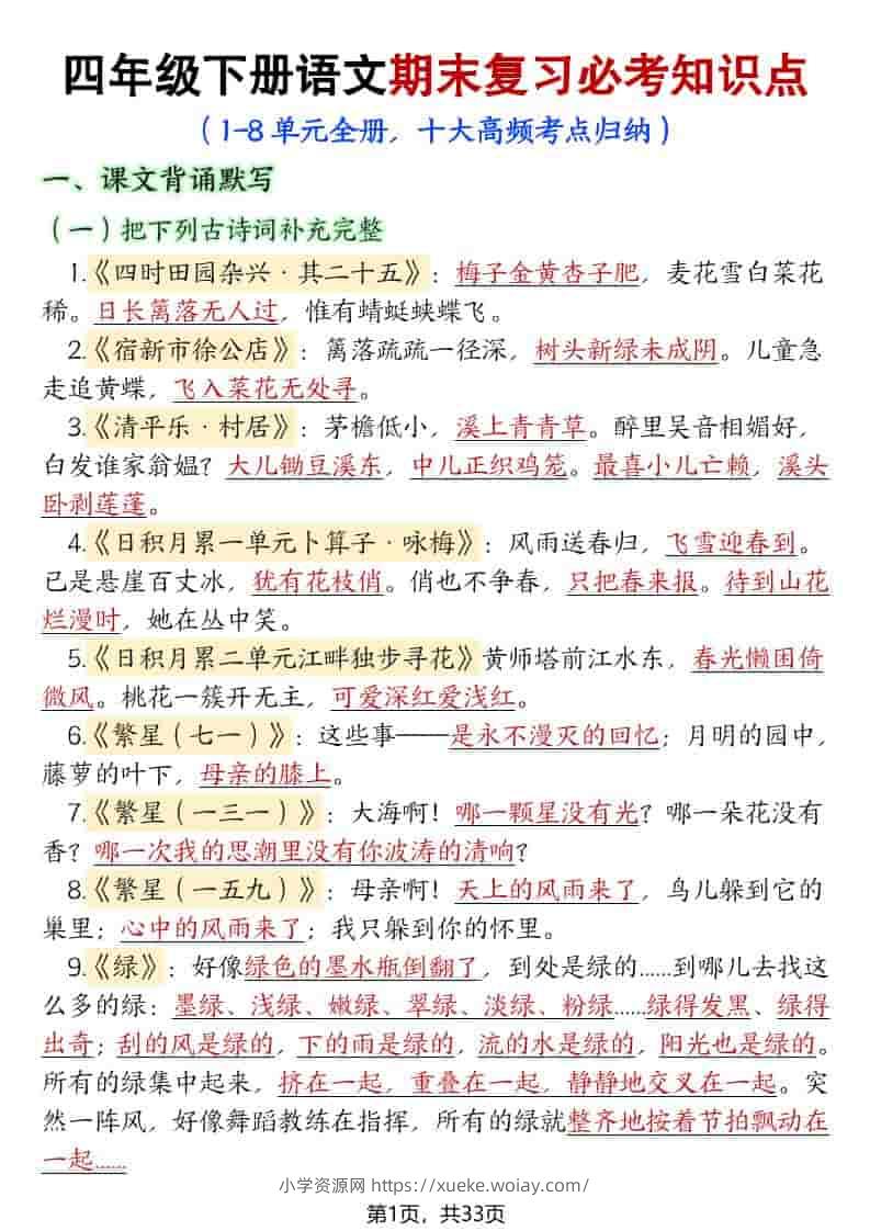 四年级下语文期末复习必考知识点（十大高频考点归纳）-六八学科资料网