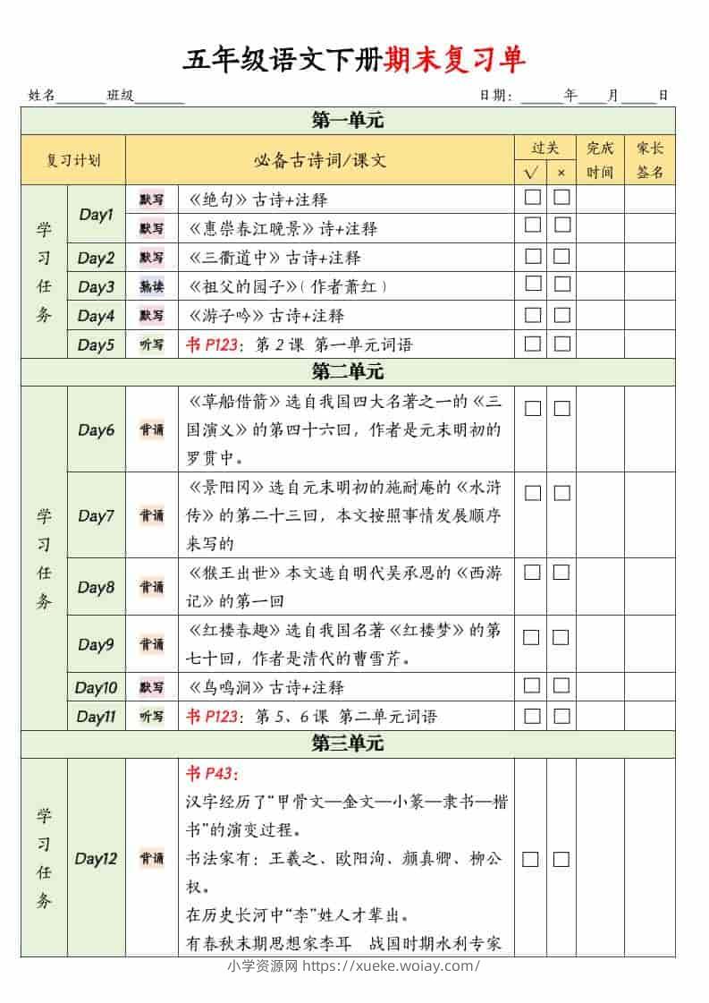 五年级下语文期末复习单-六八学科资料网