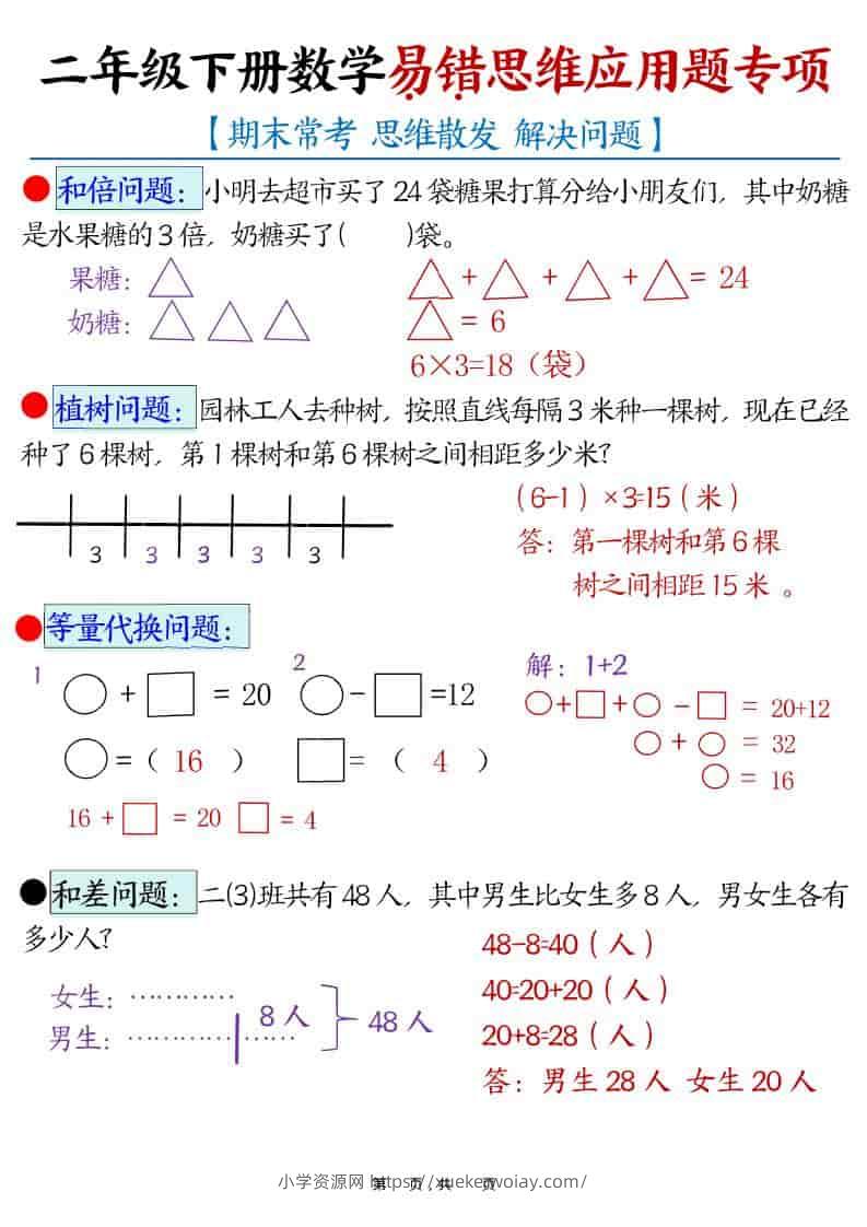 二年级下数学易错思维应用题专项-六八学科资料网