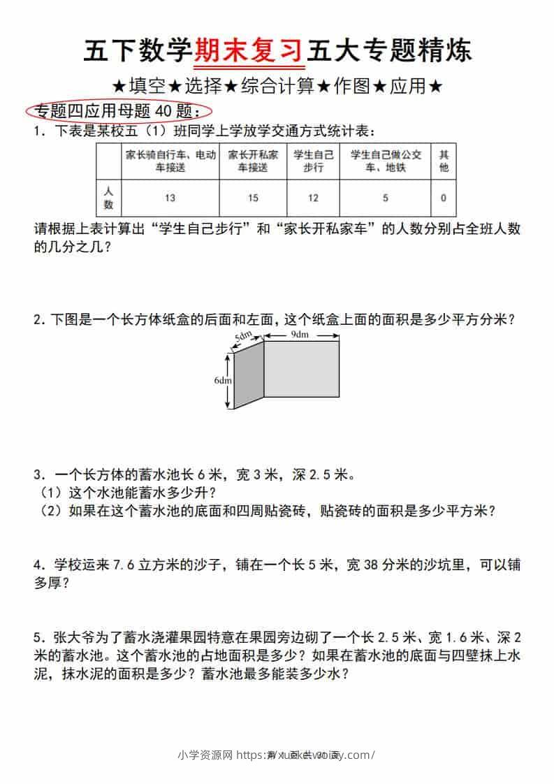 五年级下数学期末复习五大专题精炼（专题四：应用）-六八学科资料网
