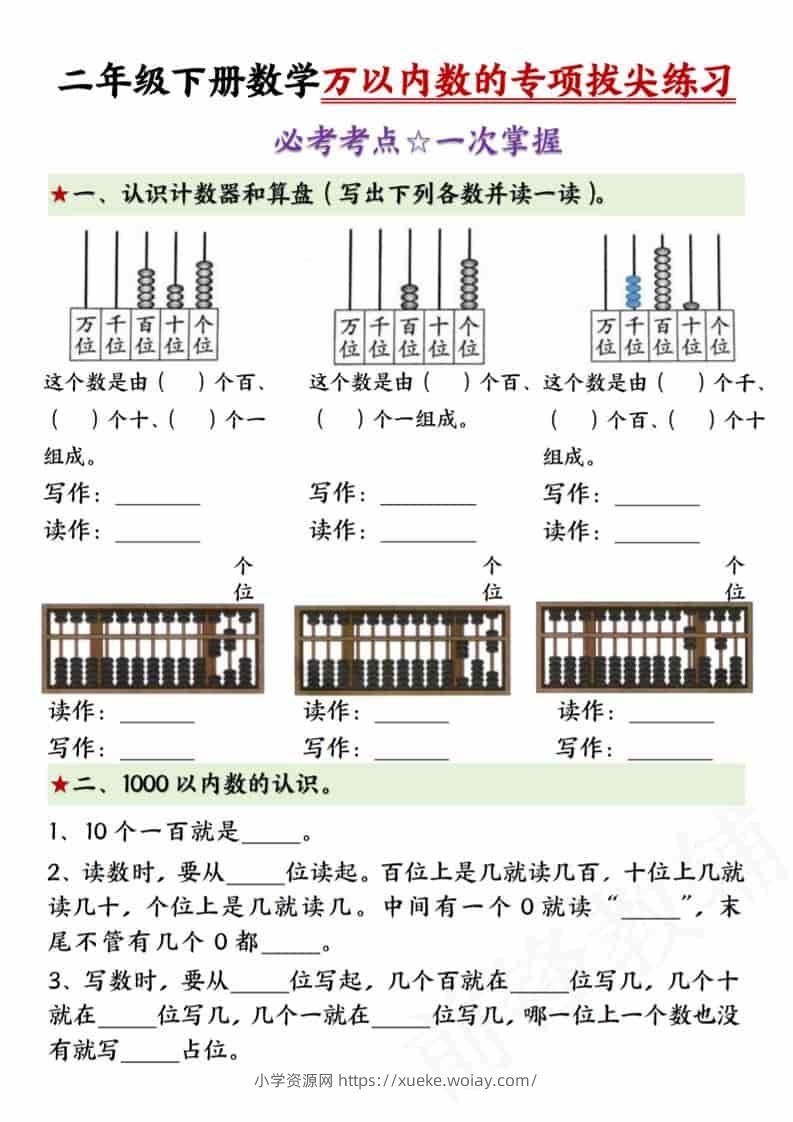 二年级下数学万以内数的专项拔尖练习-六八学科资料网