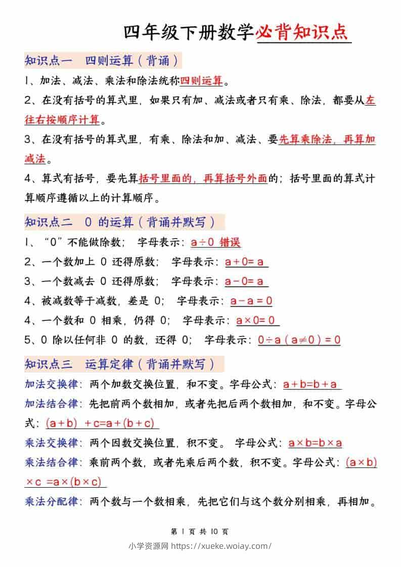 四年级下数学必背知识点,《人教版》-六八学科资料网