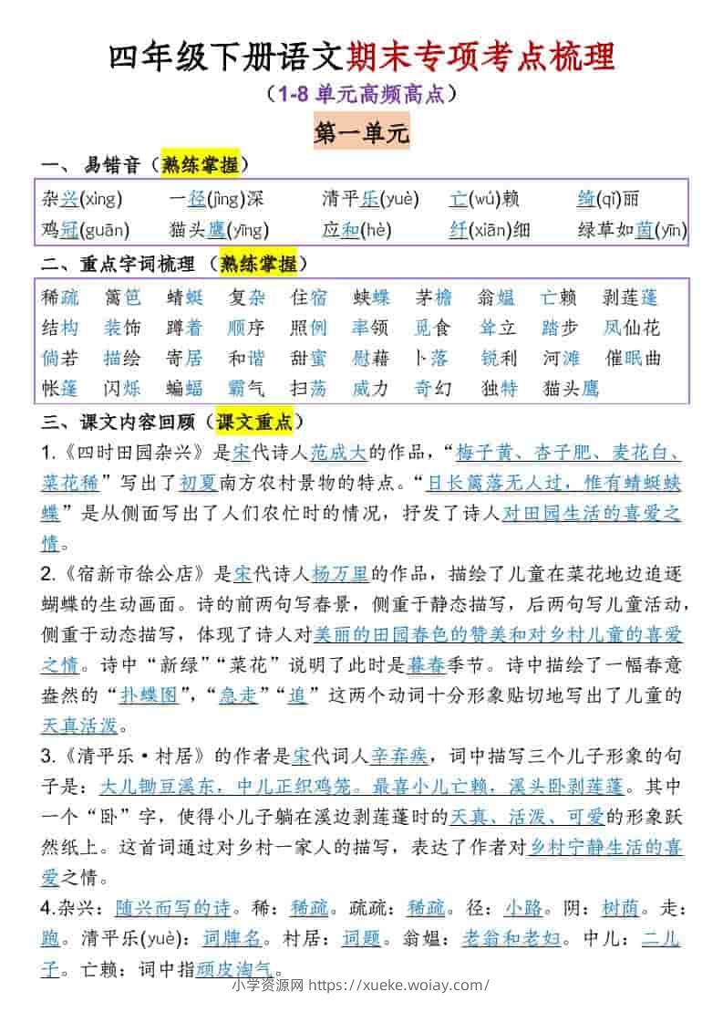 四年级下语文1-8单元专项考点梳理-六八学科资料网