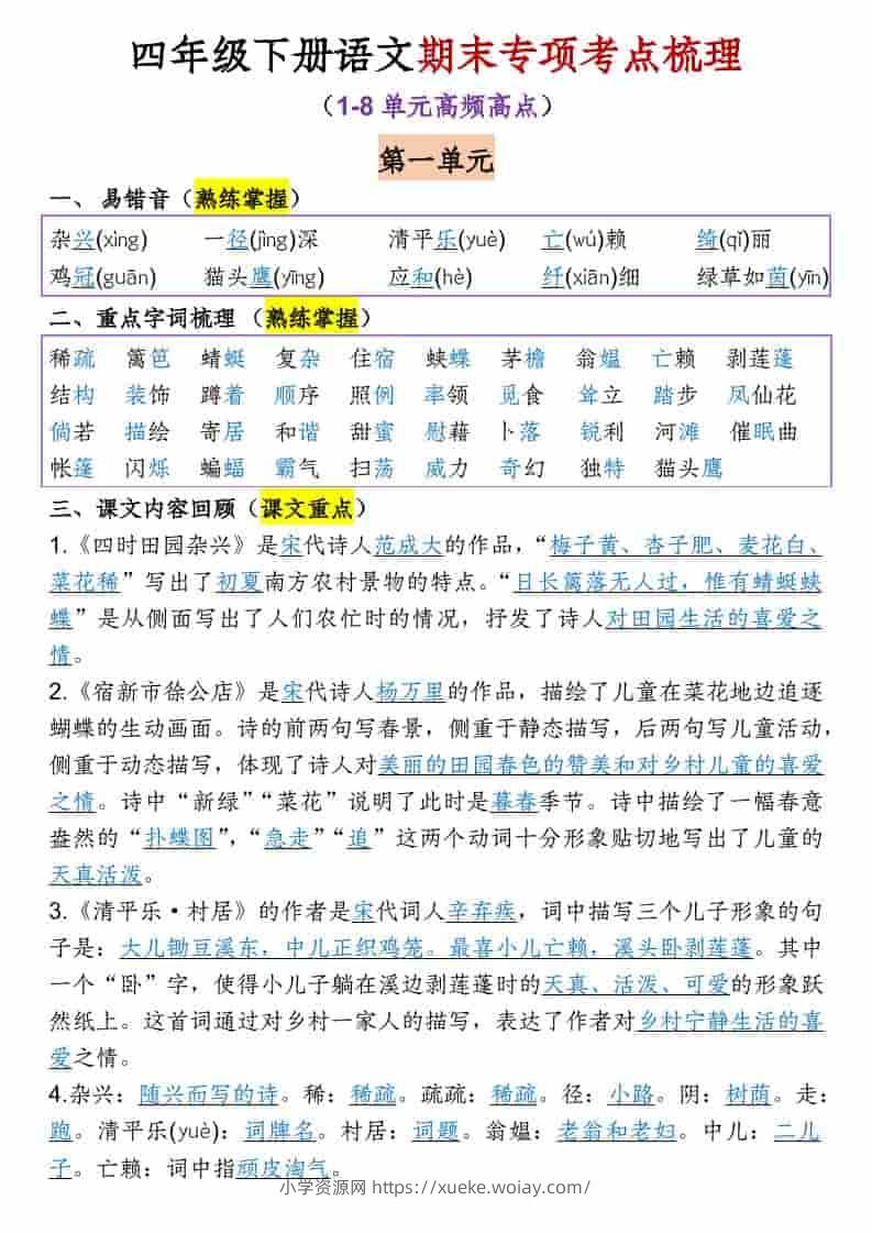 四年级下语文1-8单元期末专项考点梳理-六八学科资料网