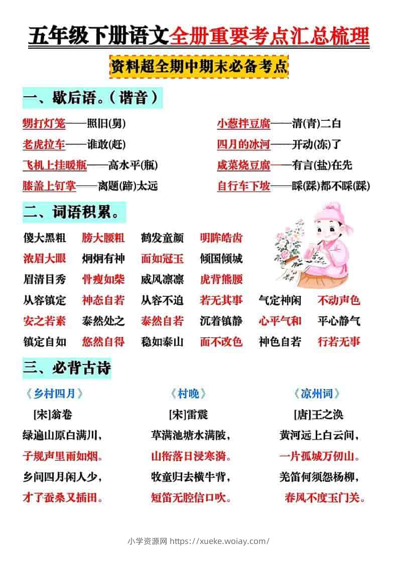 五年级下语文全册知识点汇总-六八学科资料网