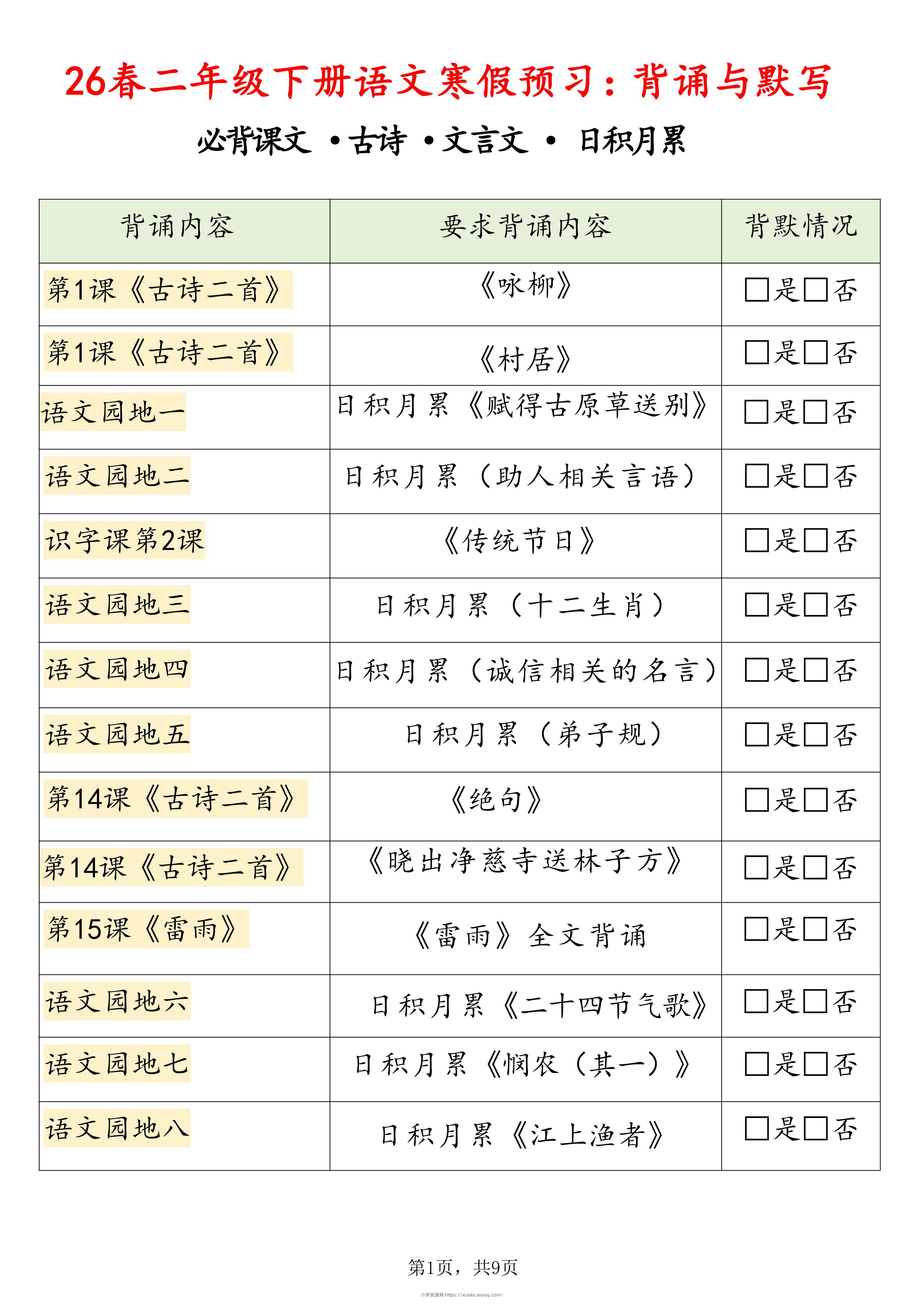 26春二下语文寒假预习背诵与默写（必背课文、古诗、文言文、日积月累）9页修订版-六八学科资料网