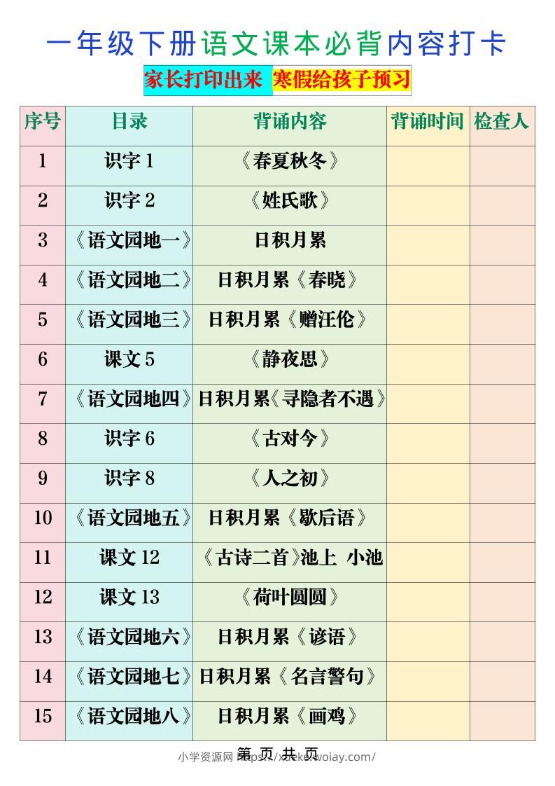 一年级下语文课本必背内容打卡-六八学科资料网
