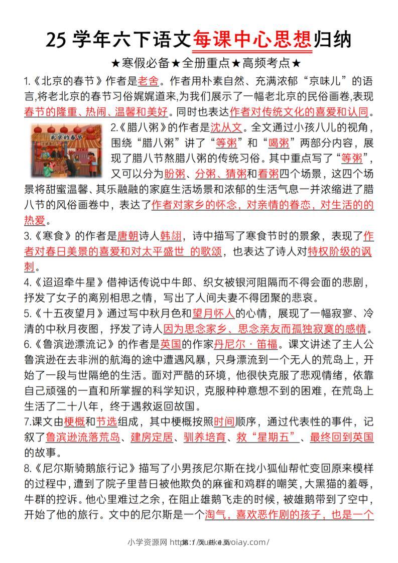 六下语文每课中心思想归纳-六八学科资料网