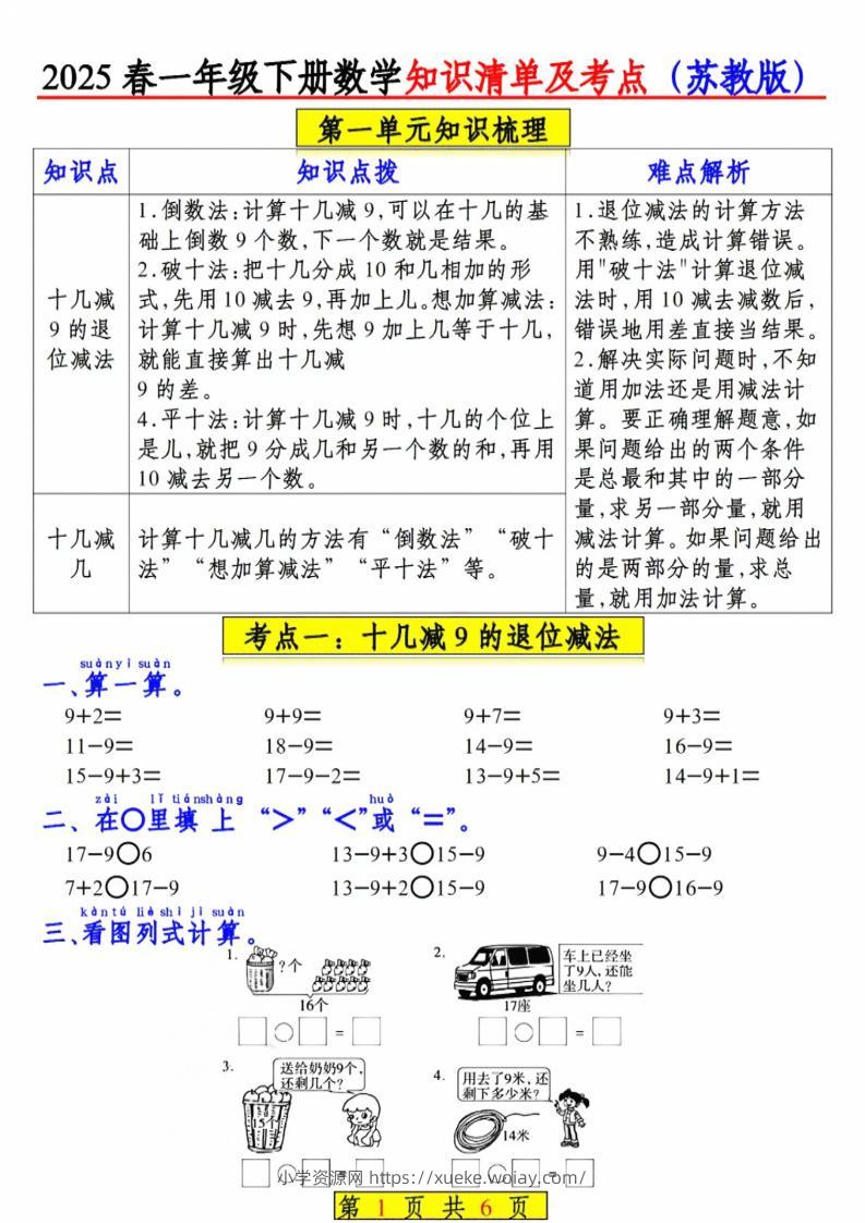 一年级下数学知识清单及考点《苏教版》-六八学科资料网